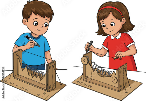 Children exploring mechanical models, spring and pulley experiment, hands-on physics activity, classroom learning, cartoon illustration, engineering concept, educational science project