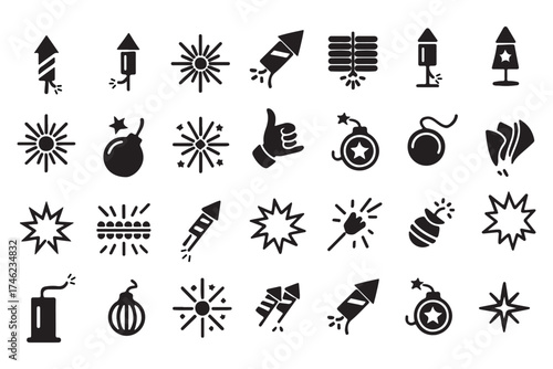 Festive vector icons collection: Bright fireworks and firecrackers illustrationsFestive vector icons collection: Bright fireworks and firecrackers illustrations