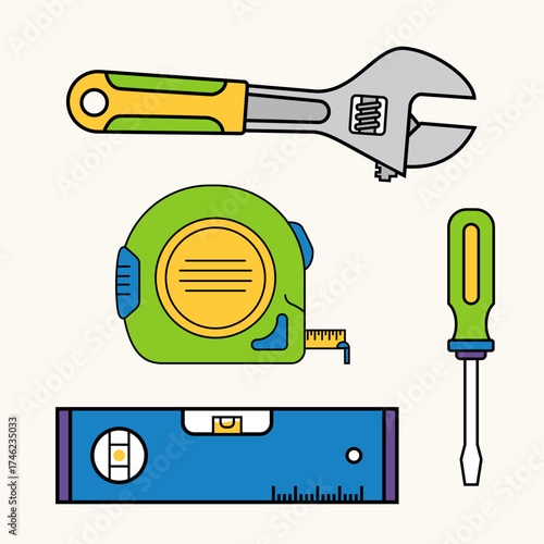 Hand Tools Set – Wrench, Screwdriver, Tape Measure, and Level Vector Illustration