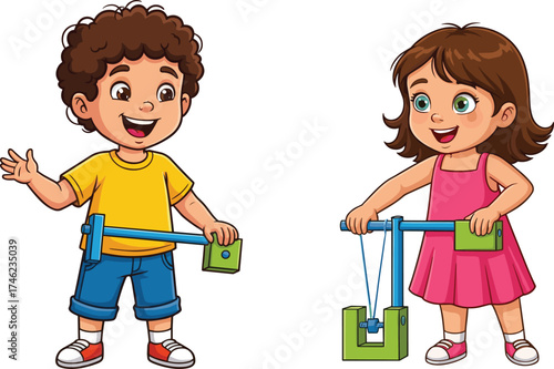 Children exploring simple machines, cartoon kids with balance scale and pulley, physics learning, preschool activity, mechanical devices, STEM education, vector