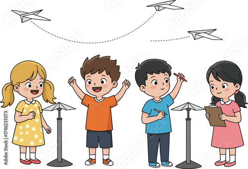 Children exploring paper airplane activity, flight path observation, educational aerodynamics, classroom experiment, cartoon illustration, teamwork, hands-on learning, creative play