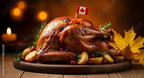 A beautifully roasted golden brown turkey, adorned with a small canadian flag, sits on a rustic wooden platter surrounded by potatoes, cranberries, and rosemary, evoking a festive thanksgiving or holi