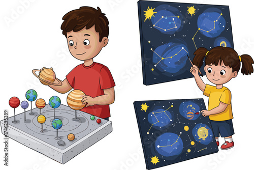 Children learning astronomy, solar system model, constellation posters, educational science activity, classroom project, cartoon illustration, space exploration, hands-on learning