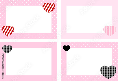 Cute rectangle pink frame set, polka dot pattern with hearts for Valentine's Day, decoration, polaroid photo, ad template, social media post, poster, book cover, notepad, sticky note, school name card
