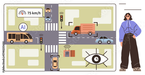 AI-powered traffic control with vehicles at crossroads, speed monitoring, camera surveillance, and pedestrian focus. Ideal for urban planning, safety, automation, technology, public transport