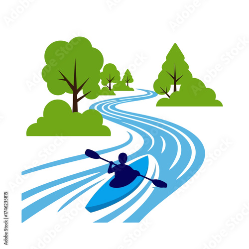 Kayaker paddling down a winding river surrounded by trees and greenery.