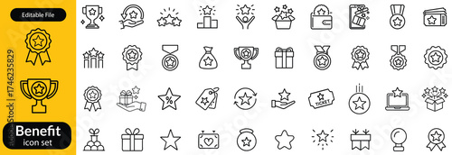 Benefit set of web icons in line style. Exclusive benefits linear icon collection. Containing reward, bonus, loyalty, star, winner, award, prize, incentive, reward and more. Editable stroke
