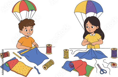 Children sewing parachutes, creative classroom activity, fabric craft, teamwork project, needle and thread, colorful materials, cartoon illustration, hands-on learning