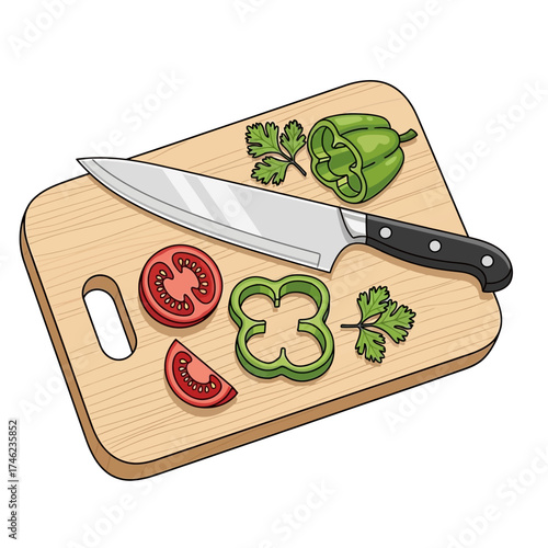 Kitchen knife on cutting board with chopped vegetables.