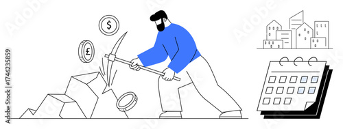 Man with pickaxe extracting coins from rocks, calendar and city buildings suggesting time, planning, and economy. Ideal for finance, investment, planning, economy, growth productivity simple flat