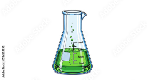 Laboratory flask with green liquid and bubbles.