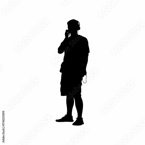 Crisis hotline operator speaking calmly on headset silhouette isolated on white background
