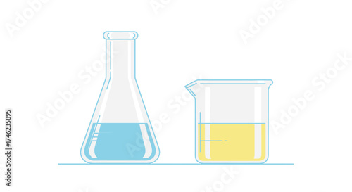 Laboratory glassware with blue and yellow liquids.