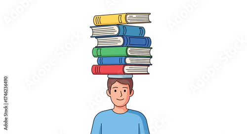 Man Balancing Stack of Books on Head.