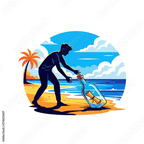 Man Finds Message in a Bottle on a Tropical Beach.