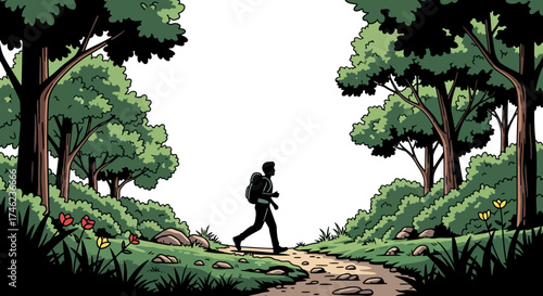 Man hiking on a forest path surrounded by lush green trees and foliage.