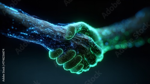 Futuristic handshake between two digital hands symbolizing agreement, connection, and modern partnership in a technological landscape.