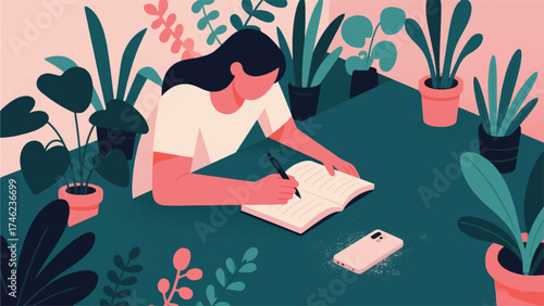 illustration of person journaling with a pen and paper, surrounded by real, tangible plants, while their phone lies dormant in the corner, covered in dust.eps