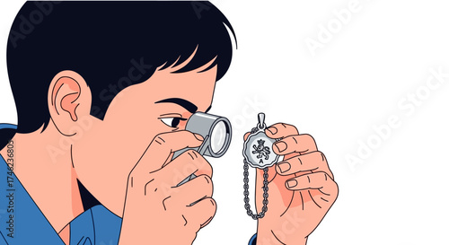 Man Inspecting a Small Object with a Magnifying Glass.