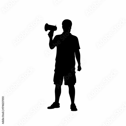 Silhouette of a foreman giving instructions through megaphone isolated on white background