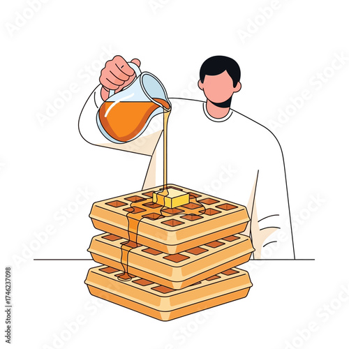 Man Pouring Syrup on Stack of Waffles.