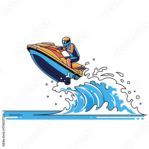 Man riding a jet ski and jumping over a wave.