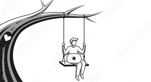 Man sitting on a swing attached to a tree branch.