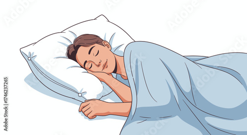 Man sleeping peacefully on a comfortable pillow under a blue blanket.