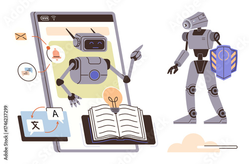 Robot providing learning assistance via phone screen, open book, translation tool, email, security robot. Ideal for education, AI, technology, language learning digital safety innovation simple