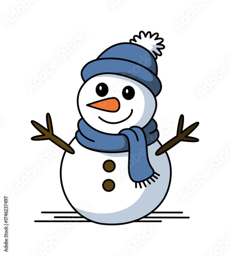 Schneemann mit blauem Schal und blauer Mütze