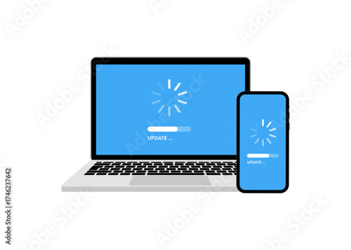 System software updates, data updates or synchronisations with a progress bar on the screen. Vector illustration, stock illustration.