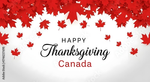 Happy thanksgiving canada text with red maple leaves falling on a white background, isolated on white background