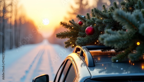 Car with Christmas tree on roof driving down snowy road at sunset  