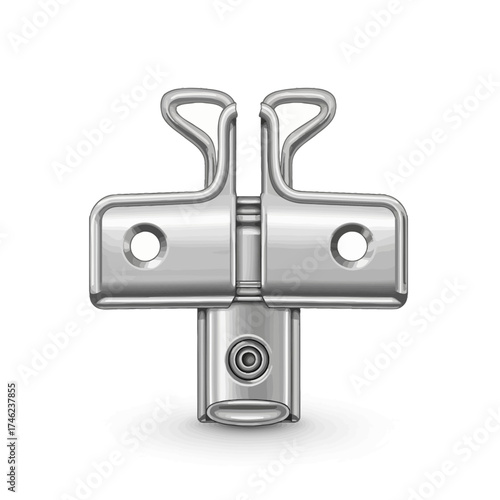 Metal clamp with two holes and a hinge mechanism.