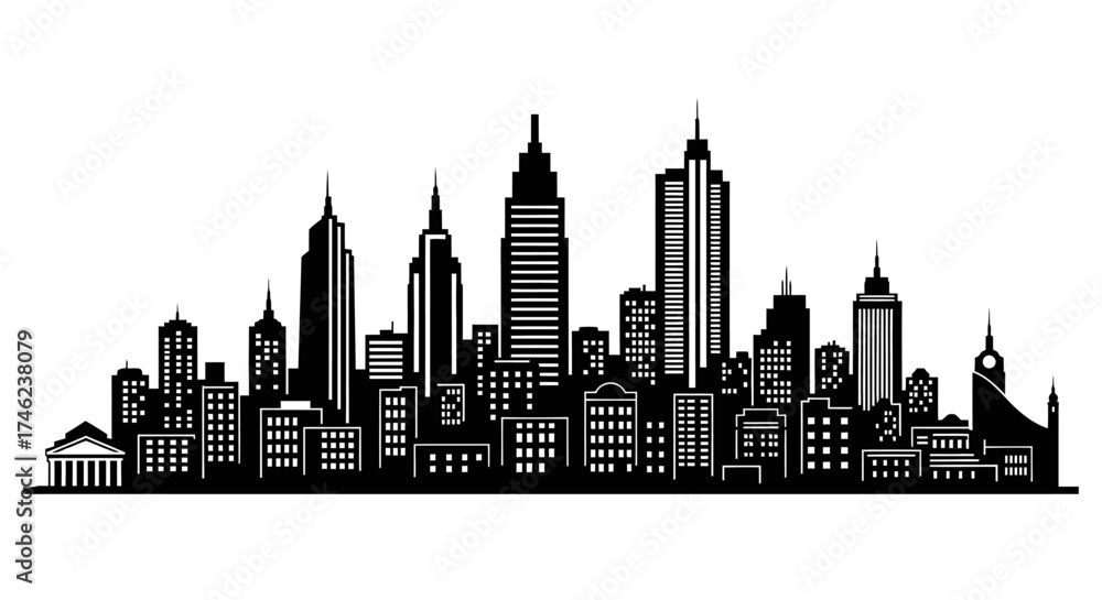Fototapeta premium Modern City Skyline Silhouette Black and White.