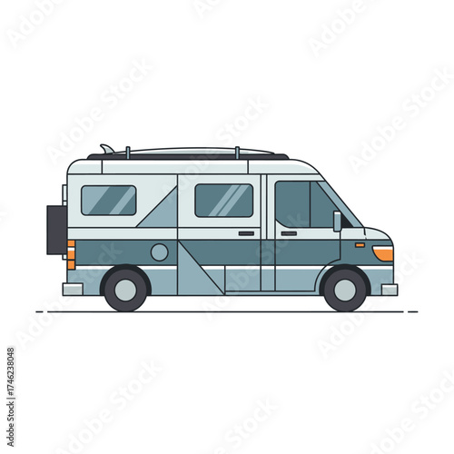 Modern Camper Van with Surfboard on Roof.