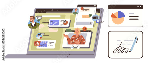 Laptop screen displaying virtual meetings, charts, messaging, e-signatures, and collaborative tools. Ideal for teamwork, remote work, education, technology productivity communication simple flat