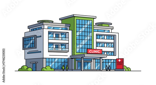 Modern Clinic Building Exterior with Glass Facade.