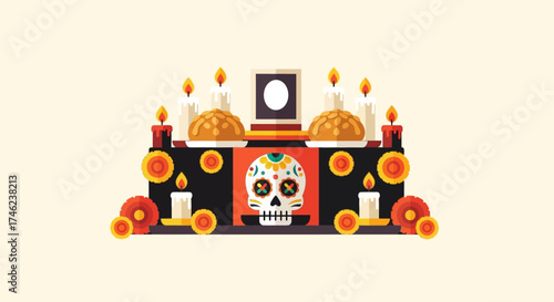 This flat design illustration showcases a traditional Day of the Dead Ofrenda, meticulously adorned with marigolds, candles, and symbolic offerings.