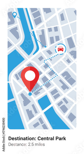 Navigation map showing route to Central Park with red destination marker.