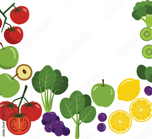 Vibrant fresh fruits and vegetables border design healthy food arrangement arrangement isolated on transparent background
