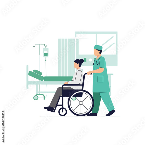 Nurse pushing patient in wheelchair in hospital room.