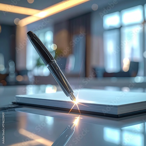 Poised Pen and Paper: A sophisticated pen rests poised above a fresh, blank notebook, hinting at the potential for ideas and creativity in a modern workspace.
