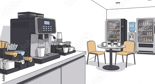 Office Break Room with Coffee Machine and Vending Machines.