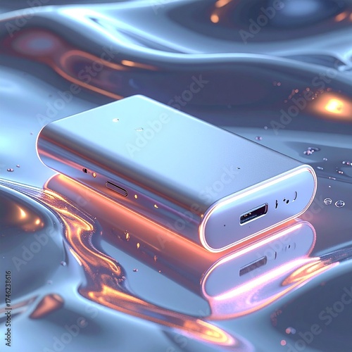 Sleek Device: A close-up shot of a modern, silver-colored device, its smooth surface reflecting a futuristic glow.