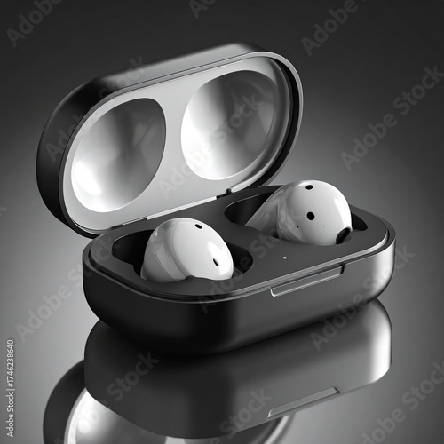Modern Soundscape: A sleek, open case showcasing a pair of wireless earbuds, reflecting in a smooth surface. This image embodies contemporary tech design.