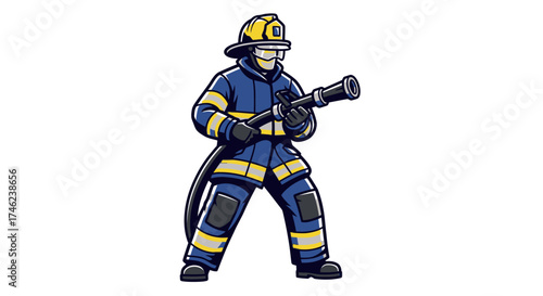 Firefighter in uniform holding a hose ready to spray water.