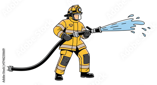 Firefighter spraying water from hose.