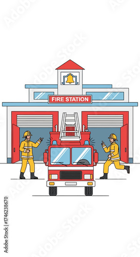 Firefighters and Fire Station with Truck.