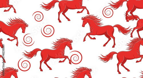 Dynamic Red Horses Galloping on White Background with Swirls Seamless Repeating Pattern